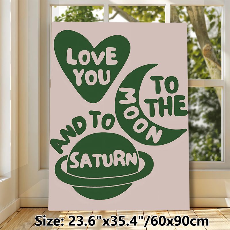 Love You To The Moon And Saturn Painting Poster, Minimalist Retro Green Heart & Celestial Graphic Poster, Warm Romantic Decor Ideal For Bedroom_maomaolike.com