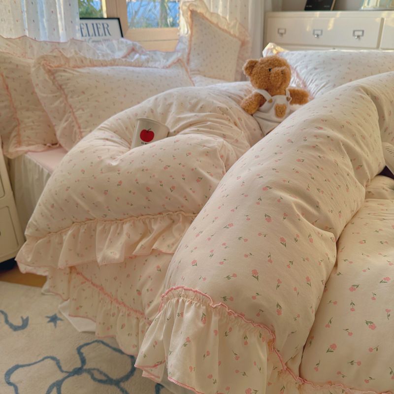 Wholesale INS Korean Skin-Friendly Washed Cotton Ruched Lace Four-Piece Princess Style Pastoral Floral Bed Skirt 4-Piece Set_maomaolike.com