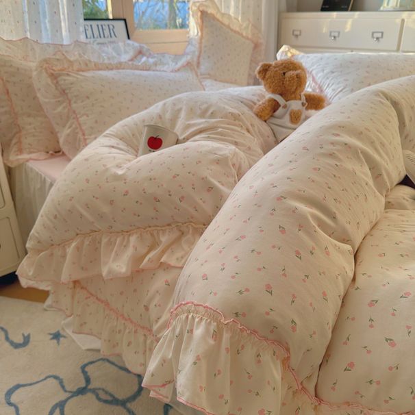 Wholesale INS Korean Skin-Friendly Washed Cotton Ruched Lace Four-Piece Princess Style Pastoral Floral Bed Skirt 4-Piece Set_maomaolike.com