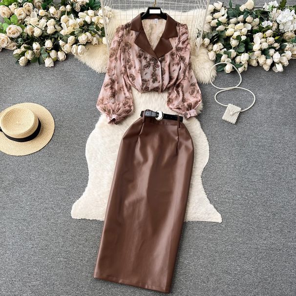 Women's Clothing Hong Kong style chic suit collar floral chiffon shirt high waist tight PU leather skirt female high end outfit two piece suit_maomaolike.com
