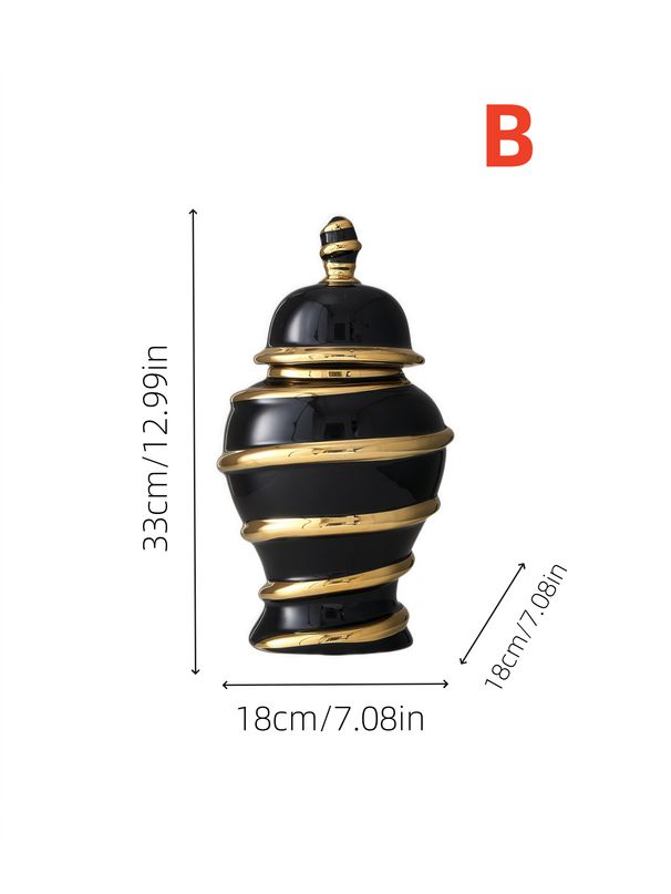 1pc Gold Stripe Decorative Ceramic Vase With Lid Light Luxury High-end Design Can Hold Water Flower Arrangement Vase Ornament Decorative Vase_maomaolike.com