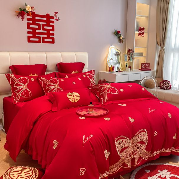 Simple Chinese Style Four-Piece Big Red Dragon And Phoenix Embroidery Set Bed Sheet Quilt Cover Wedding Bedding_maomaolike.com