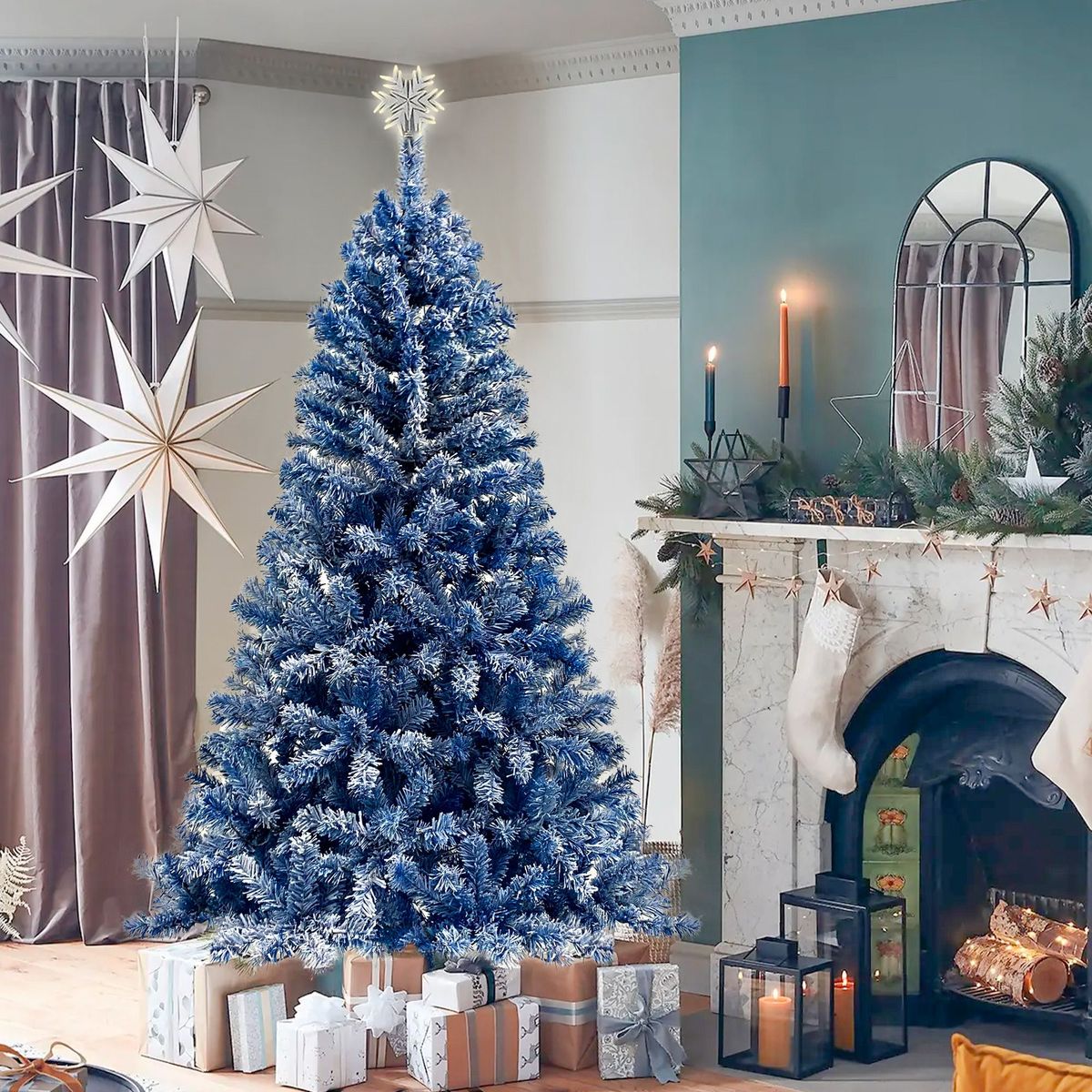 6FT Pre-Lit Hinged Artificial Fir Chritmas Tree, Snow Flocked Artificial Holiday Christmas Tree W/750 Branch Tips_maomaolike.com
