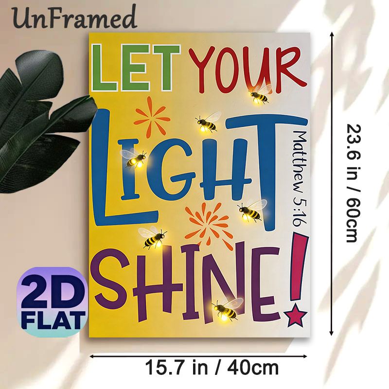 Let Your Light Shine Scripture Painting Poster, Vibrant Colorful Typography With Glowing Fireflies Poster, Uplifting Religious Message Ideal For Home_maomaolike.com