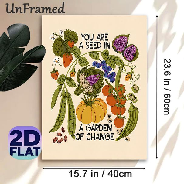 Inspirational Garden-themed Painting Poster, Whimsical Hand-drawn Veggies & Fruits Poster, Warm Motivational Quote Decor Ideal For Kitchen, Dining_maomaolike.com
