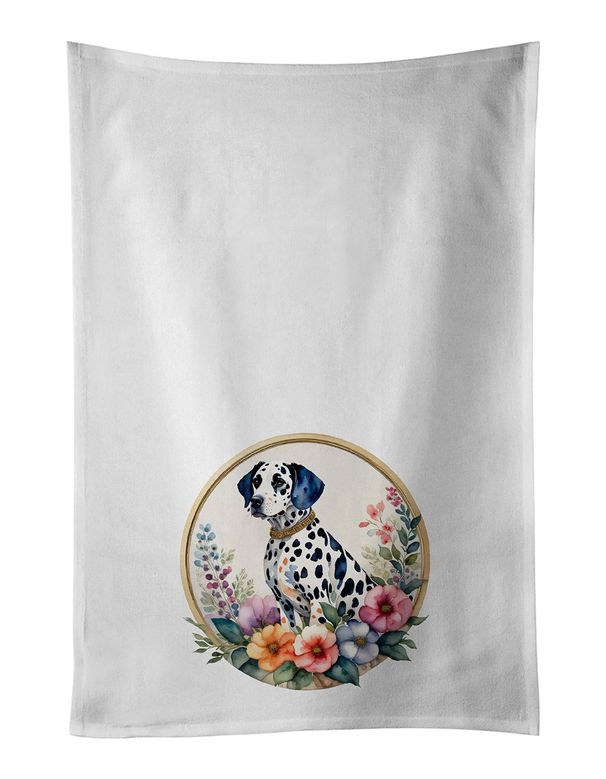 Dalmatian And Flowers Kitchen Towel Set Of 2 White Dish Towels Decorative Bathroom Hand Towel For Hand, Face, Hair, Yoga, Tea, Dishcloth, 19 X 28", White_maomaolike.com