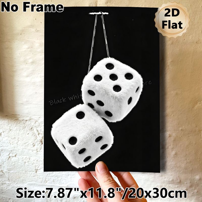Fuzzy Dice Painting Poster, Monochrome Retro Hanging Fluffy Dice Poster, Nostalgic Stylish Decor Ideal For Home, Game Room, Garage_maomaolike.com