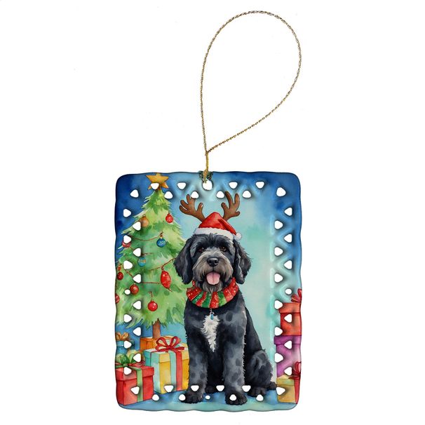 Portuguese Water Dog Christmas Reindeer Porcelain Ornament Christmas Tree Hanging Decorations For Home Christmas Holiday, Rectangle, Gift, Multicolor_maomaolike.com