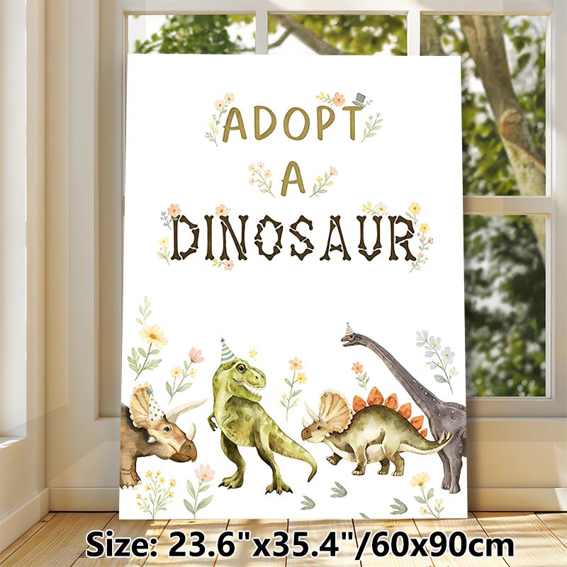 Adopt A Dinosaur Themed Painting Poster, Soft Watercolor Style Cute Party Dinosaurs With Floral Decor Poster, Charming Playful Design Ideal For Party_maomaolike.com
