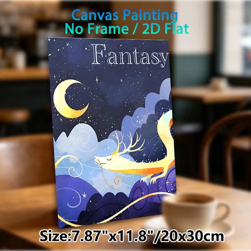 Fantasy Dragon Painting Poster, Soft-toned Whimsical Celestial Scene Poster, Dreamy Night Sky Design To Bring Tranquil Vibe For Bedroom, Living Room_maomaolike.com