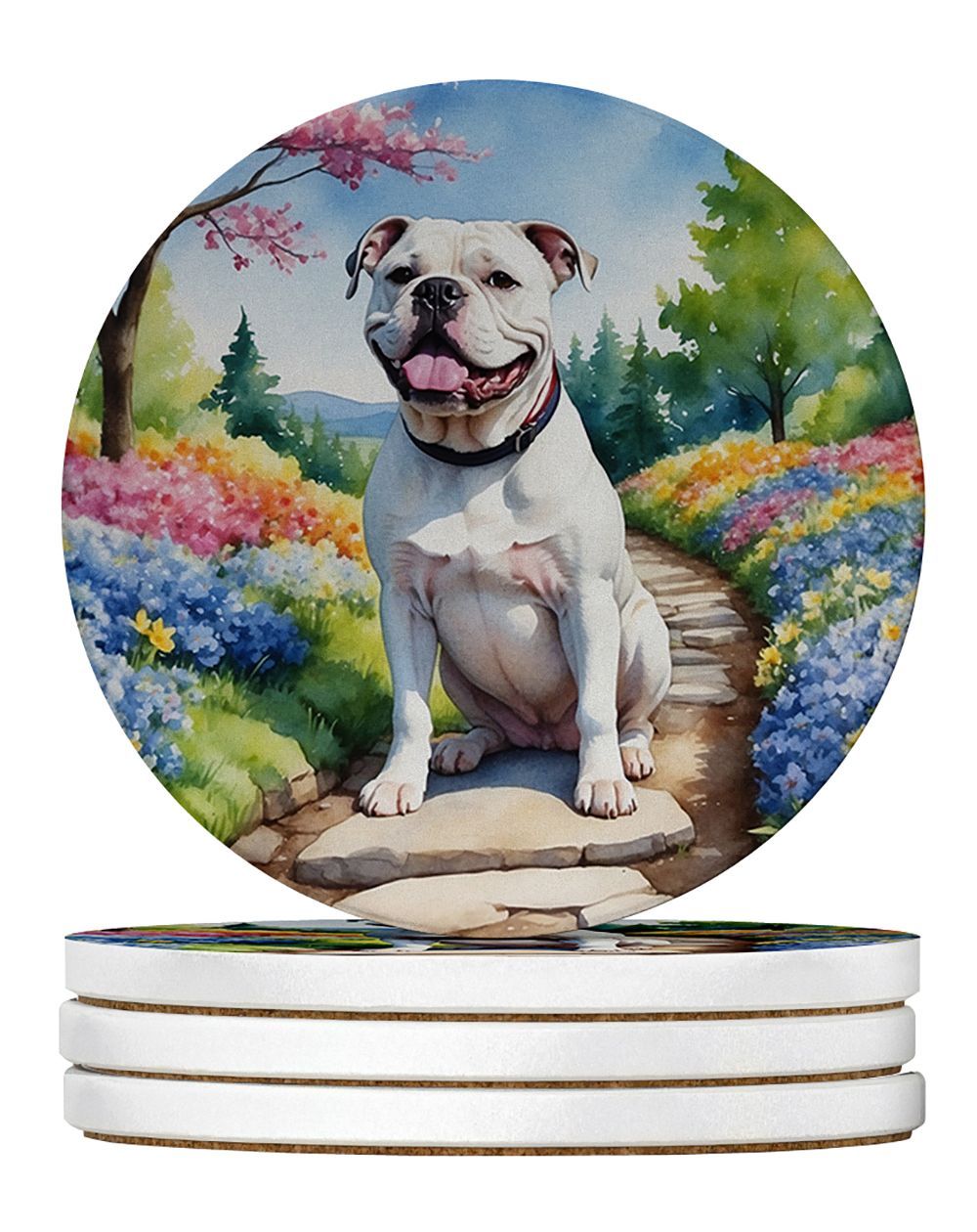 American Bulldog Spring Garden Large Sandstone Coasters Pack Of 4 Absorbent Round Coasters Decor Gifts For Men Or Women, 4 In, Multicolor_maomaolike.com