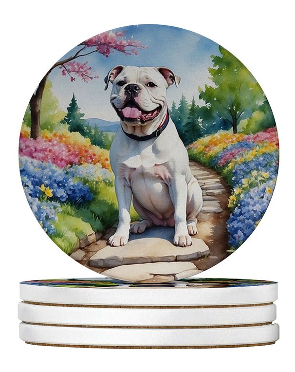 American Bulldog Spring Garden Large Sandstone Coasters Pack Of 4 Absorbent Round Coasters Decor Gifts For Men Or Women, 4 In, Multicolor_maomaolike.com