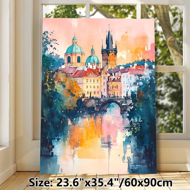 Prague Cityscape Painting Poster, Soft-hued Watercolor Style Poster, Dreamy Riverside Scene With Historic Domed Buildings And Bridge, Adds Artistic_maomaolike.com