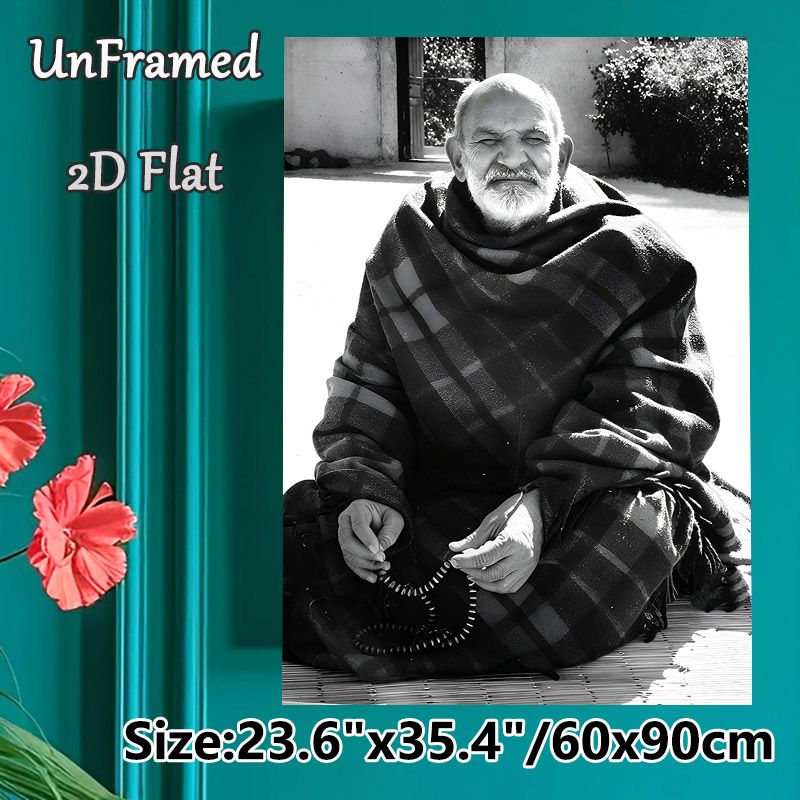 Elderly Man Themed Painting Poster, Monochrome Portrait Of Smiling Elderly Man With Prayer Beads Poster, Peaceful Nostalgic Decor Ideal For Living_maomaolike.com