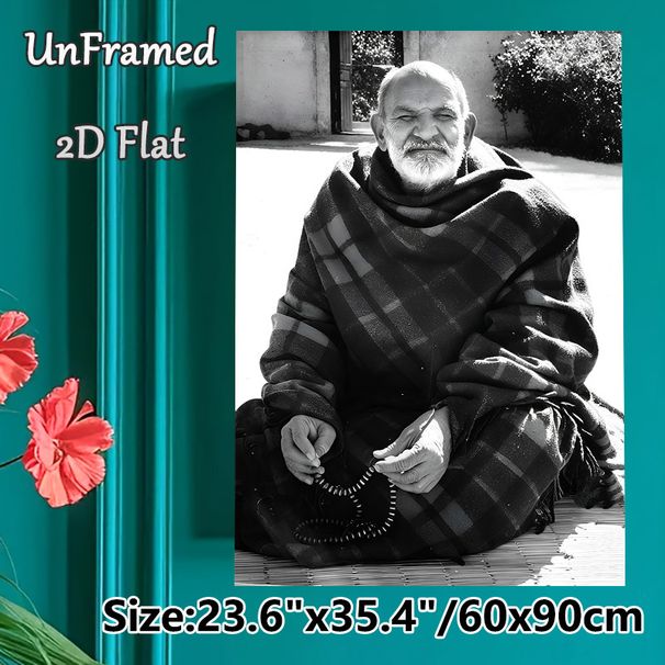 Elderly Man Themed Painting Poster, Monochrome Portrait Of Smiling Elderly Man With Prayer Beads Poster, Peaceful Nostalgic Decor Ideal For Living_maomaolike.com