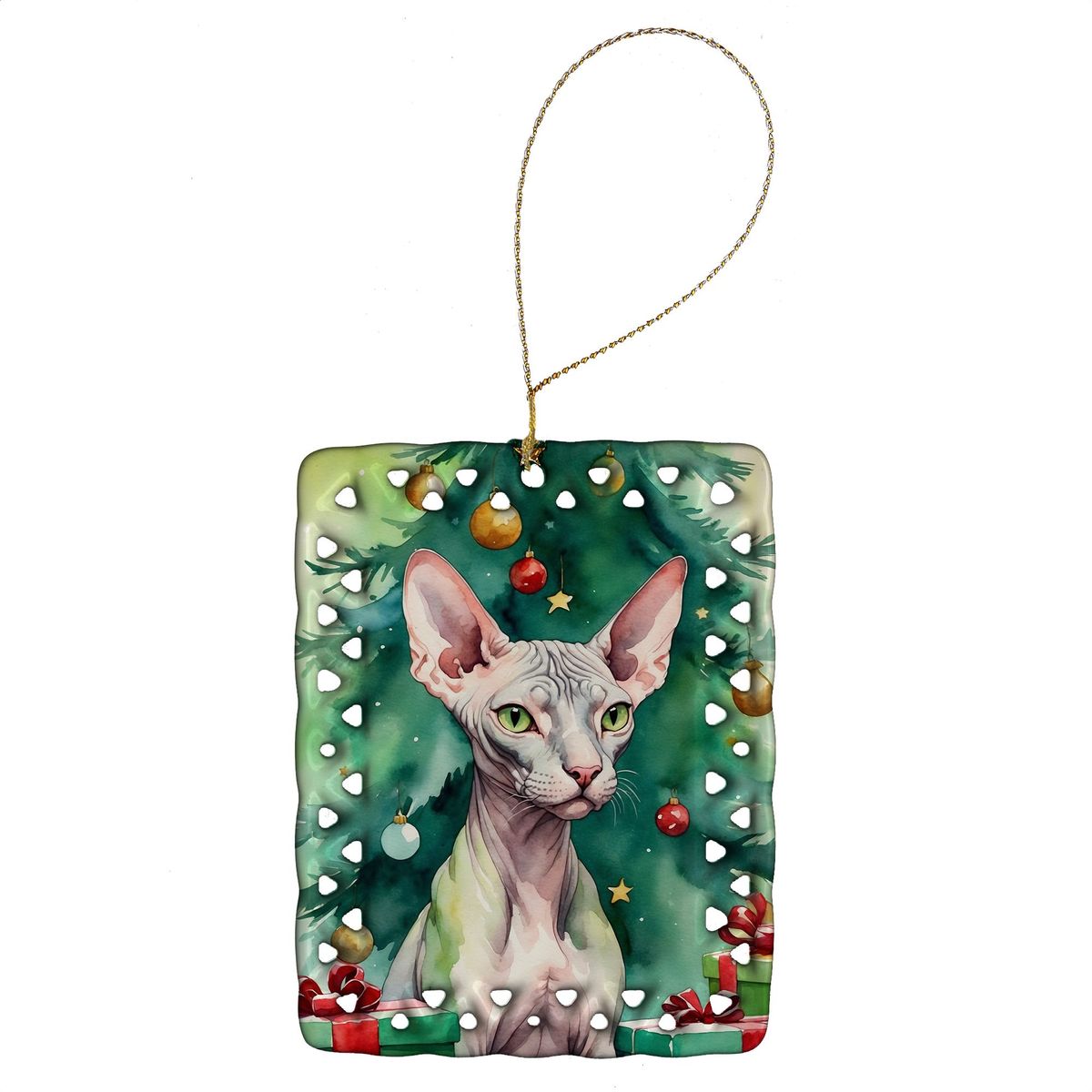 Donskoy Don Sphynx Cat By The Christmas Tree Porcelain Ornament Christmas Tree Hanging Decorations For Home Christmas Holiday, Rectangle, Gift, Multicolor_maomaolike.com