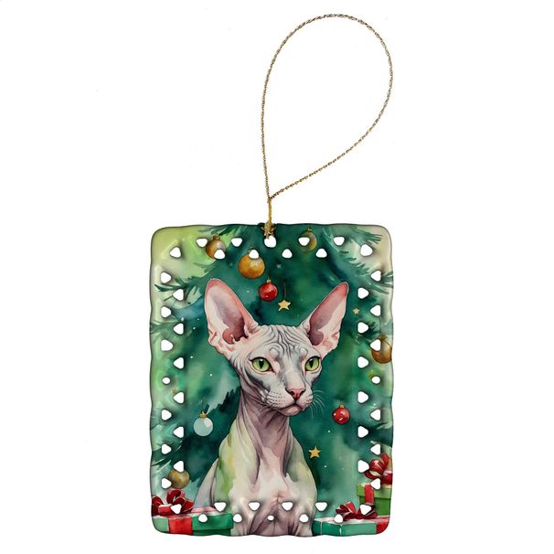 Donskoy Don Sphynx Cat By The Christmas Tree Porcelain Ornament Christmas Tree Hanging Decorations For Home Christmas Holiday, Rectangle, Gift, Multicolor_maomaolike.com