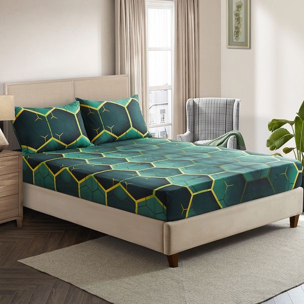 Green Honeycomb Geometric Cover Polyester Skin Friendly Bed Mattress Protector Fitted Sheet_maomaolike.com