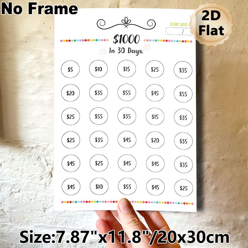 $1000 30-Day Savings Challenge Painting Poster, Cute Hand-drawn Colorful Accented Savings Tracker Poster, Practical Tool To Achieve $1000 Saving Goal_maomaolike.com