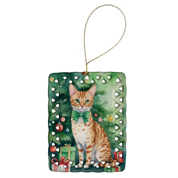 Ocicat Cat By The Christmas Tree Porcelain Ornament Christmas Tree Hanging Decorations For Home Christmas Holiday, Rectangle, Gift, Multicolor_maomaolike.com