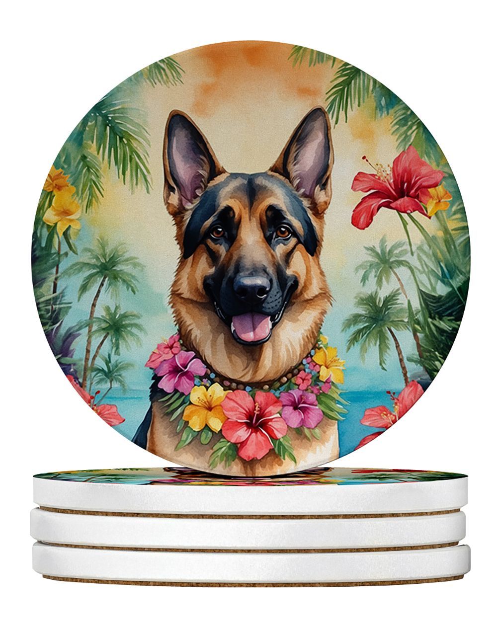 German Shepherd Luau Large Sandstone Coasters Pack Of 4 Absorbent Round Coasters Decor Gifts For Men Or Women, 4 In, Multicolor_maomaolike.com