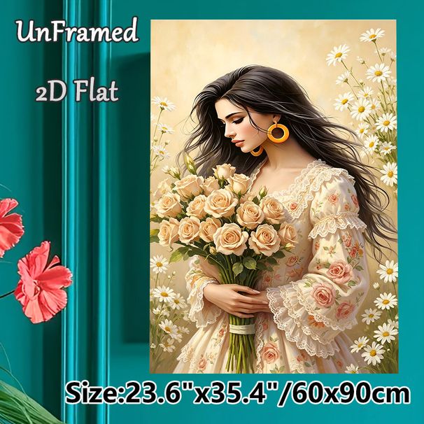 Lady With Roses Painting Poster, Soft-toned Romantic Art Poster, Gentle Lady Holding Blush Roses Surrounded By Daisies, Delicate Elegant Decor Piece_maomaolike.com