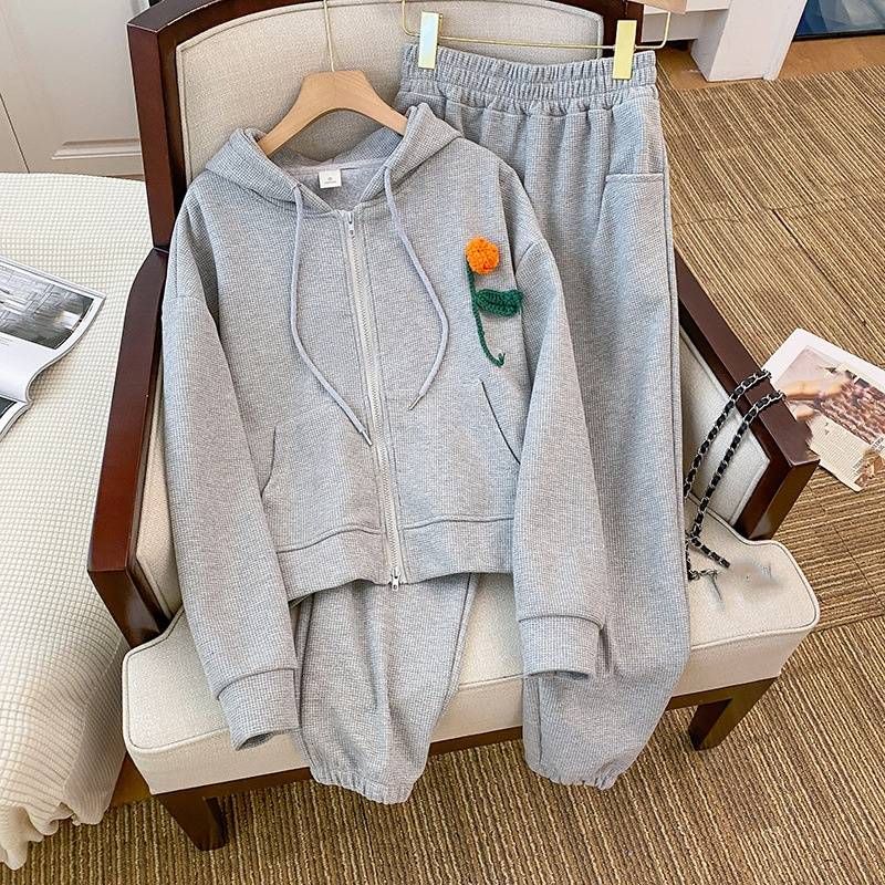Women's Clothing Women Autumn and Winter Thin Hooded Cardigan Sports Two piece Suit Large Size Women's Suit_maomaolike.com