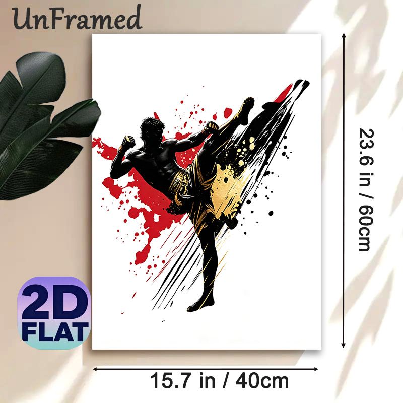 Muay Thai Themed Painting Poster, Dynamic Splash Ink Style Poster, Energetic Kicking Fighter Silhouette With Red & Gold Splatters, Ideal Decor For_maomaolike.com