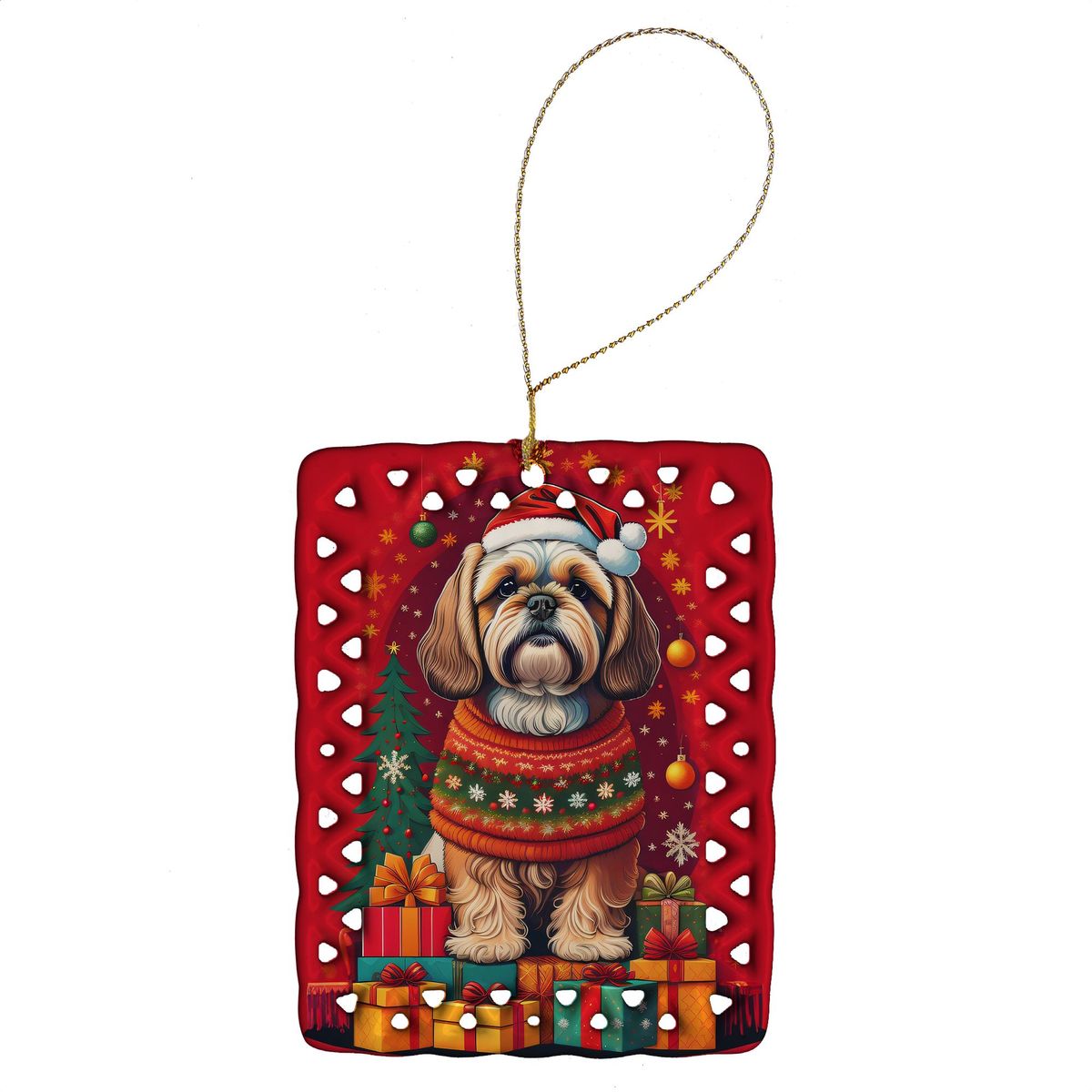 Lhasa Apso Holiday Christmas Porcelain Ornament Christmas Tree Hanging Decorations For Home Christmas Holiday, Rectangle, Gift, Multicolor_maomaolike.com