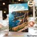 Coastal Cliff Village Painting Poster, Vibrant Stylized Coastal Cliff & Seaside Village Scene Poster, Serene Coastal Vibe Ideal For Living Room_maomaolike.com