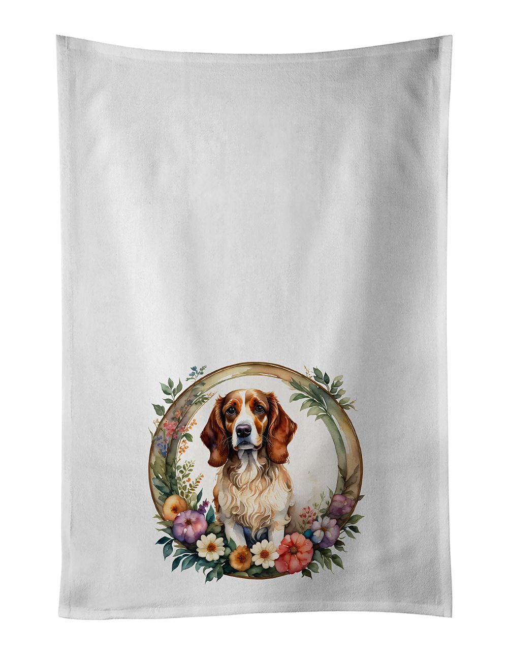 Brittany Spaniel And Flowers Kitchen Towel Set Of 2 White Dish Towels Decorative Bathroom Hand Towel For Hand, Face, Hair, Yoga, Tea, Dishcloth, 19 X 28", White_maomaolike.com