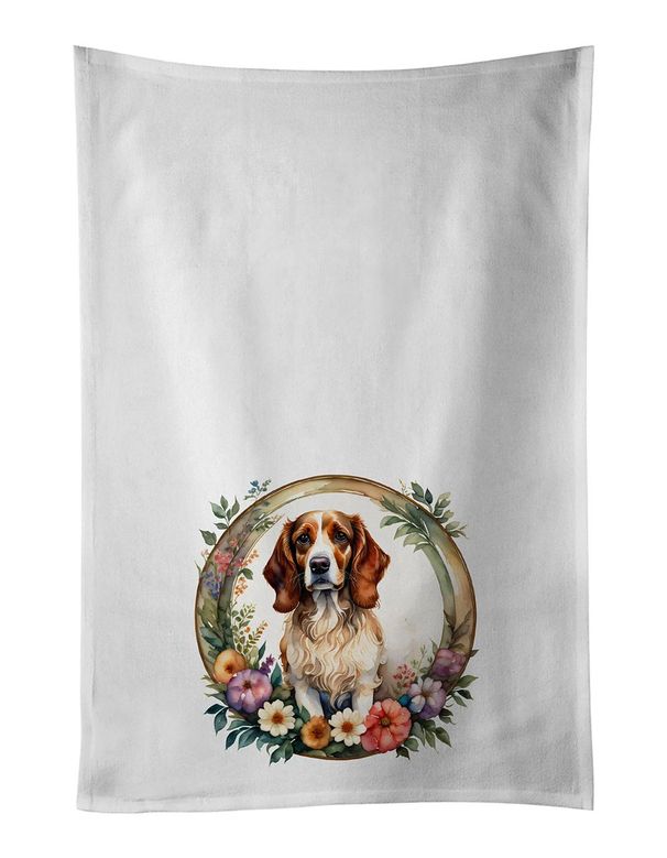 Brittany Spaniel And Flowers Kitchen Towel Set Of 2 White Dish Towels Decorative Bathroom Hand Towel For Hand, Face, Hair, Yoga, Tea, Dishcloth, 19 X 28", White_maomaolike.com