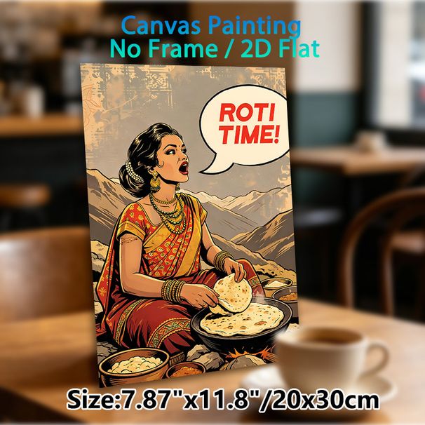 Roti Time Themed Painting Poster, Vibrant Vintage Comic Style Poster, Warm Cultural Indian Dining Scene, Ideal For Kitchen And Dining Area Decor_maomaolike.com