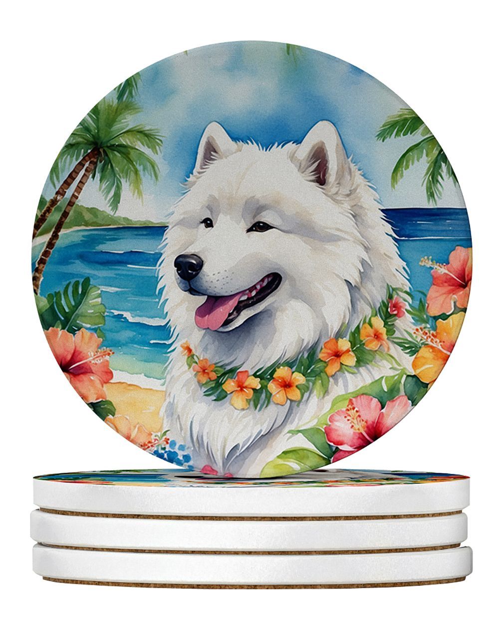 Samoyed Luau Large Sandstone Coasters Pack Of 4 Absorbent Round Coasters Decor Gifts For Men Or Women, 4 In, Multicolor_maomaolike.com