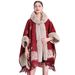 loose plaid plus velvet thick fur collar knitted shawl cape women's woolen shawl coat_maomaolike.com