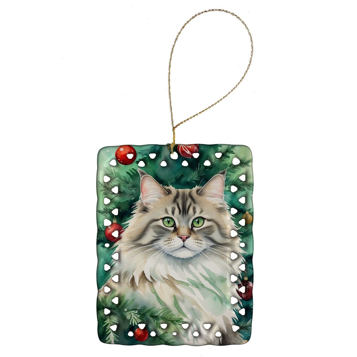 Siberian Cat By The Christmas Tree Porcelain Ornament Christmas Tree Hanging Decorations For Home Christmas Holiday, Rectangle, Gift, Multicolor_maomaolike.com