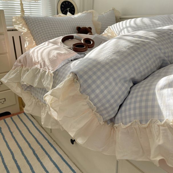 Wholesale INS Korean Small Pure Four-Piece All Cream Plaid Lace Nordic Style Washed Cotton 4-Piece Set_maomaolike.com