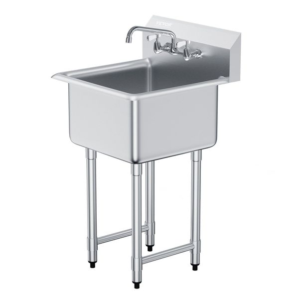 VEVOR Stainless Steel Prep & Utility Sink, 1 Compartment Free Standing Small Sink Include Faucet & Legs, 21"x41" Commercial Single Bowl Sinks For Garage, Restaurant, Kitchen, Laundry, NSF Certified_maomaolike.com