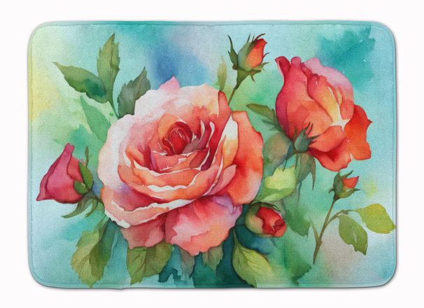 Oklahoma Roses In Watercolor Memory Foam Kitchen Mat Machine Washable Anti-Fatigue Mat Cushion Comfort Bath Mat Or Kitchen Rug_maomaolike.com