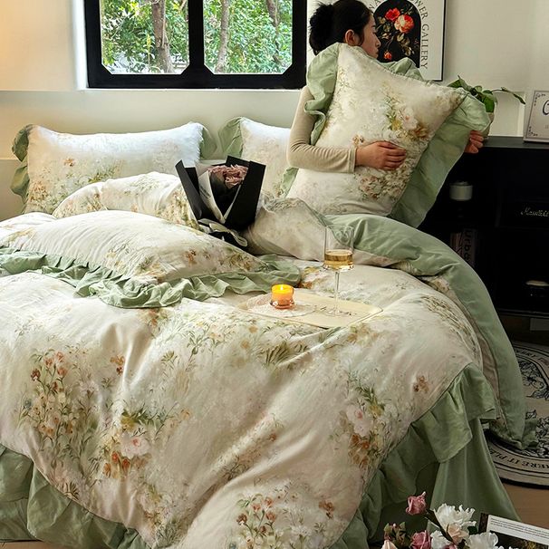 Wholesale INS French Country Style Soft Naked Sleep Double Layer Gauze 4-Piece Ruffled Pure Cotton Floral Four-Piece Set_maomaolike.com