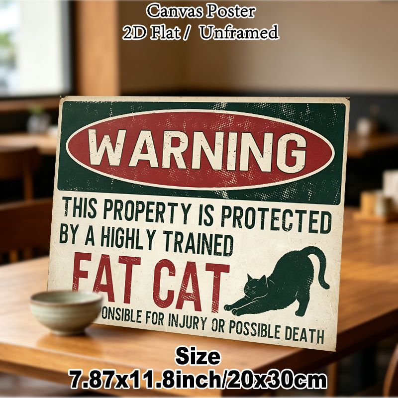 Funny Fat Cat Warning Painting Poster, Vintage Distressed Style Poster, Humorous "property Protected By Fat Cat" Design, Whimsical Decorative Piece_maomaolike.com
