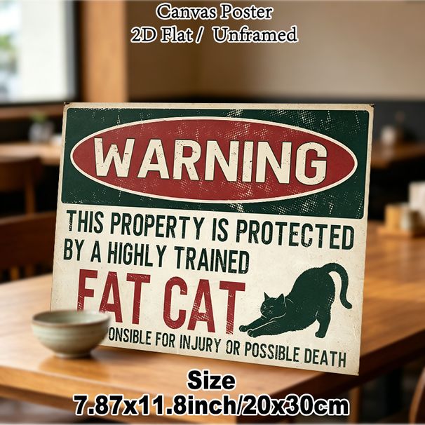 Funny Fat Cat Warning Painting Poster, Vintage Distressed Style Poster, Humorous "property Protected By Fat Cat" Design, Whimsical Decorative Piece_maomaolike.com