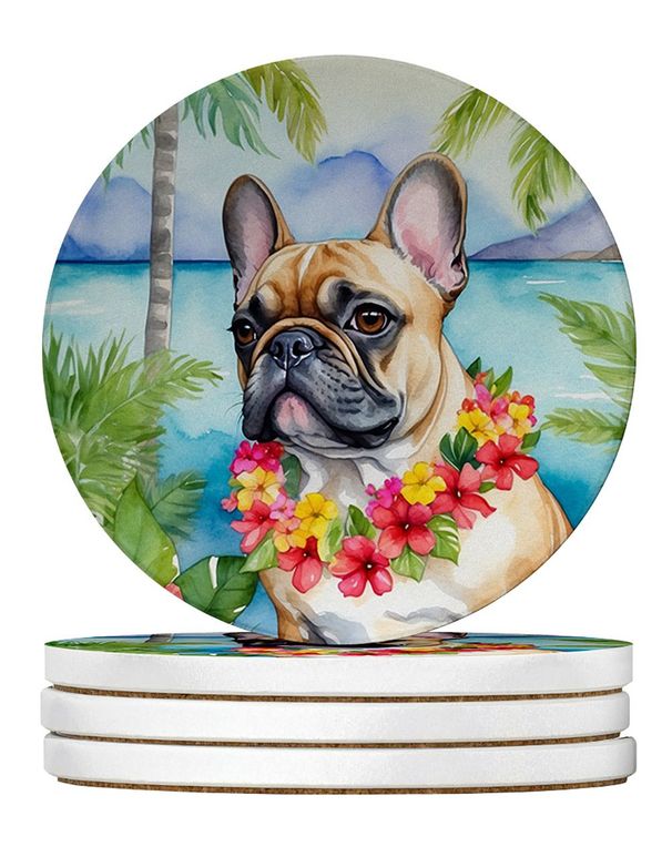 French Bulldog Luau Large Sandstone Coasters Pack Of 4 Absorbent Round Coasters Decor Gifts For Men Or Women, 4 In, Multicolor_maomaolike.com