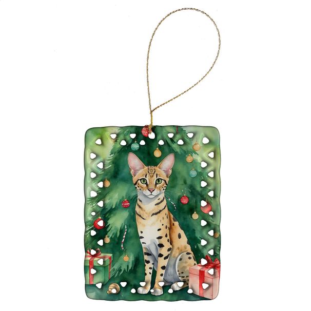 Savannah Cat By The Christmas Tree Porcelain Ornament Christmas Tree Hanging Decorations For Home Christmas Holiday, Rectangle, Gift, Multicolor_maomaolike.com