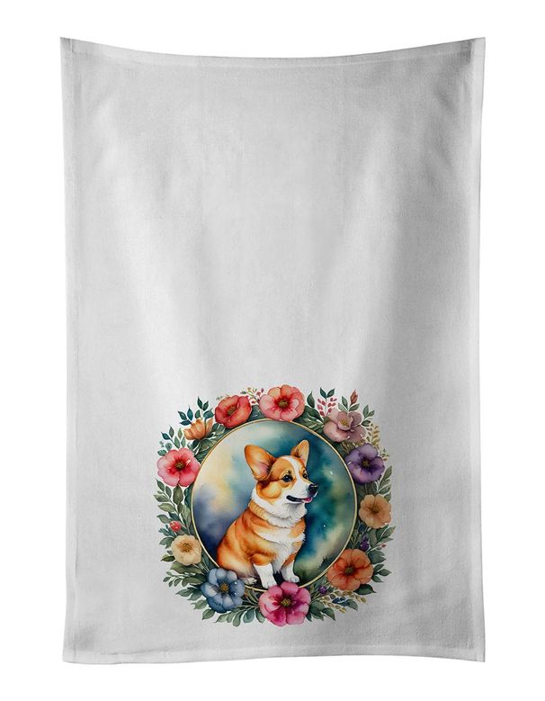 Corgi And Flowers Kitchen Towel Set Of 2 White Dish Towels Decorative Bathroom Hand Towel For Hand, Face, Hair, Yoga, Tea, Dishcloth, 19 X 28", White_maomaolike.com