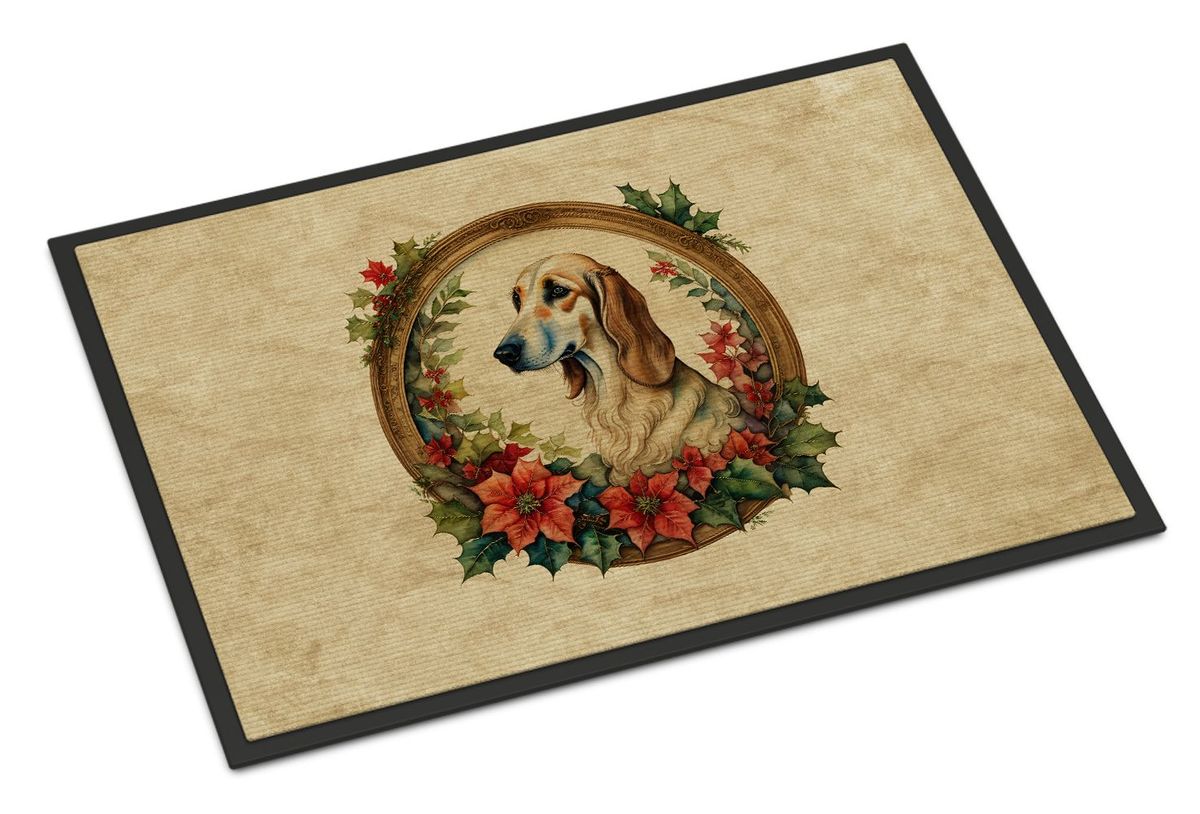 Saluki Christmas Flowers Doormat Front Door Mat Indoor Outdoor Rugs For Entryway, Non Slip Washable Low Pile, 24H X 36W_maomaolike.com