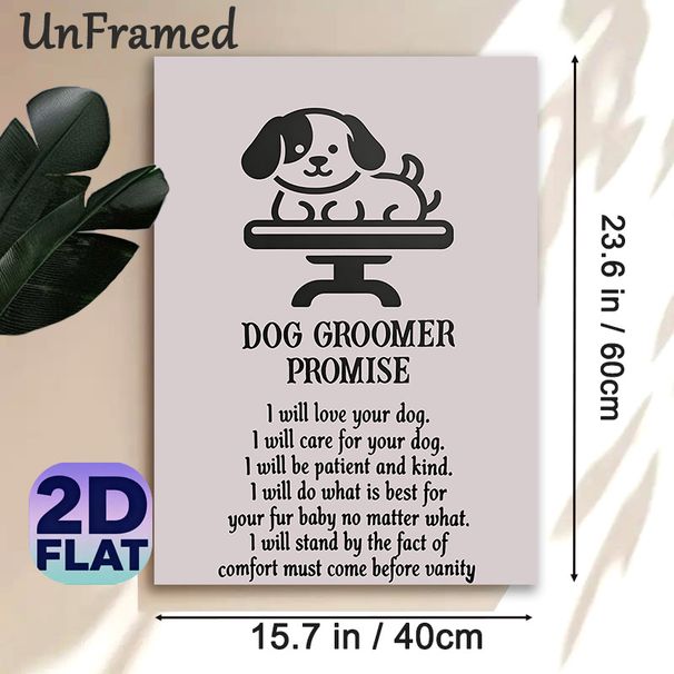 Dog Groomer Promise Painting Poster, Minimalist Black-and-White Cartoon Dog & Text Poster, Warm Pet Care Commitment, Ideal For Pet Grooming Salons_maomaolike.com