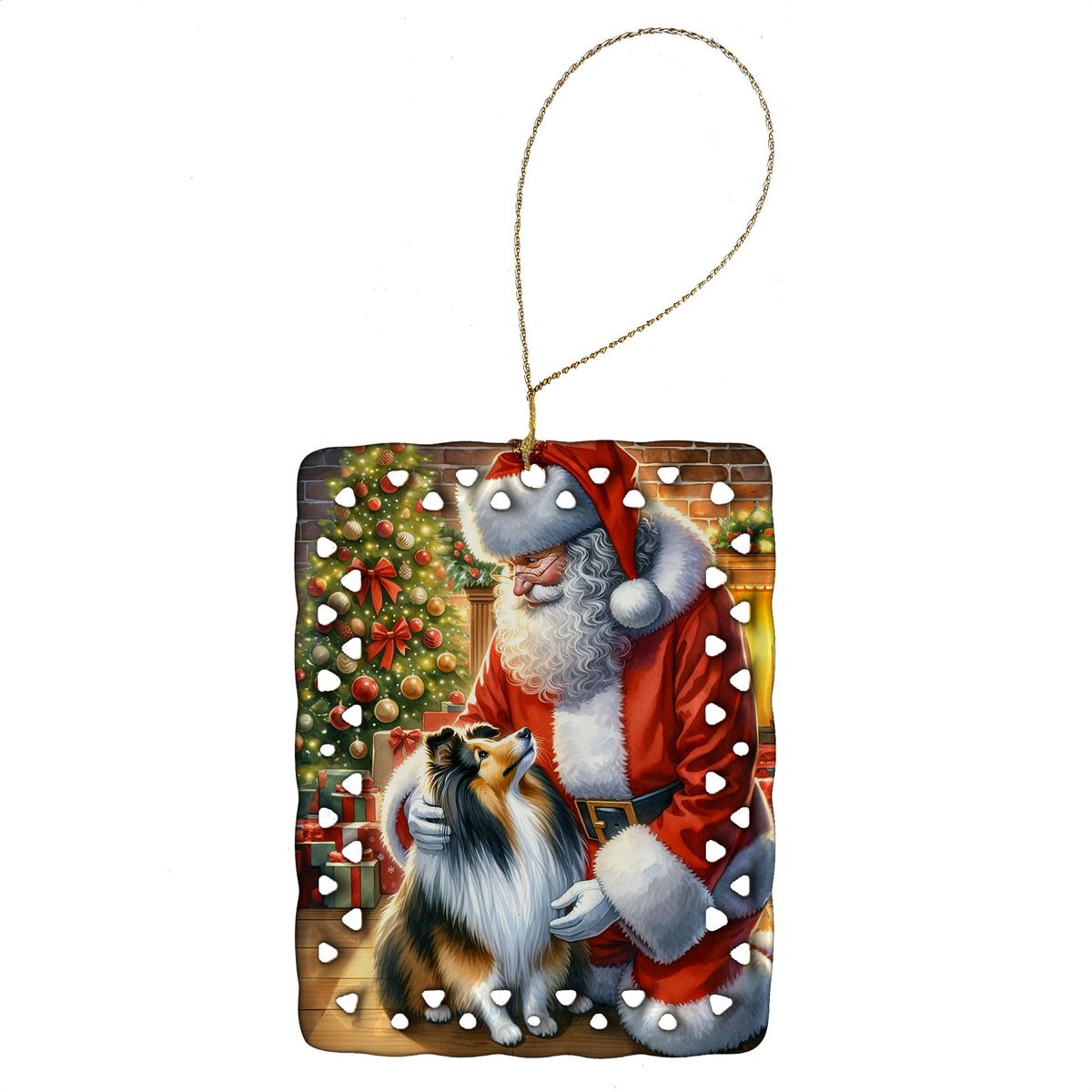 Sheltie And Santa Claus Porcelain Ornament Christmas Tree Hanging Decorations For Home Christmas Holiday, Rectangle, Gift, Multicolor_maomaolike.com