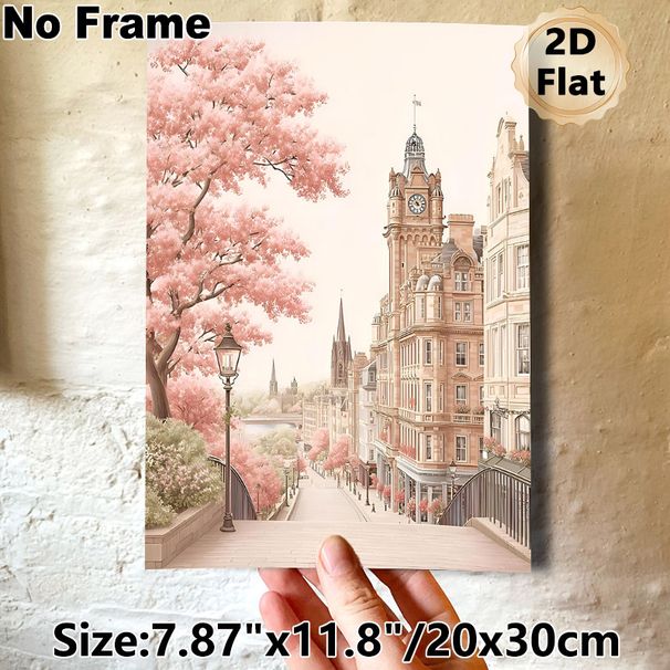 Cherry Blossom European Town Scenery Painting Poster, Soft-toned Pastel Romantic Street View Poster, Brings Warm Tranquil Ambiance, Ideal For Living_maomaolike.com
