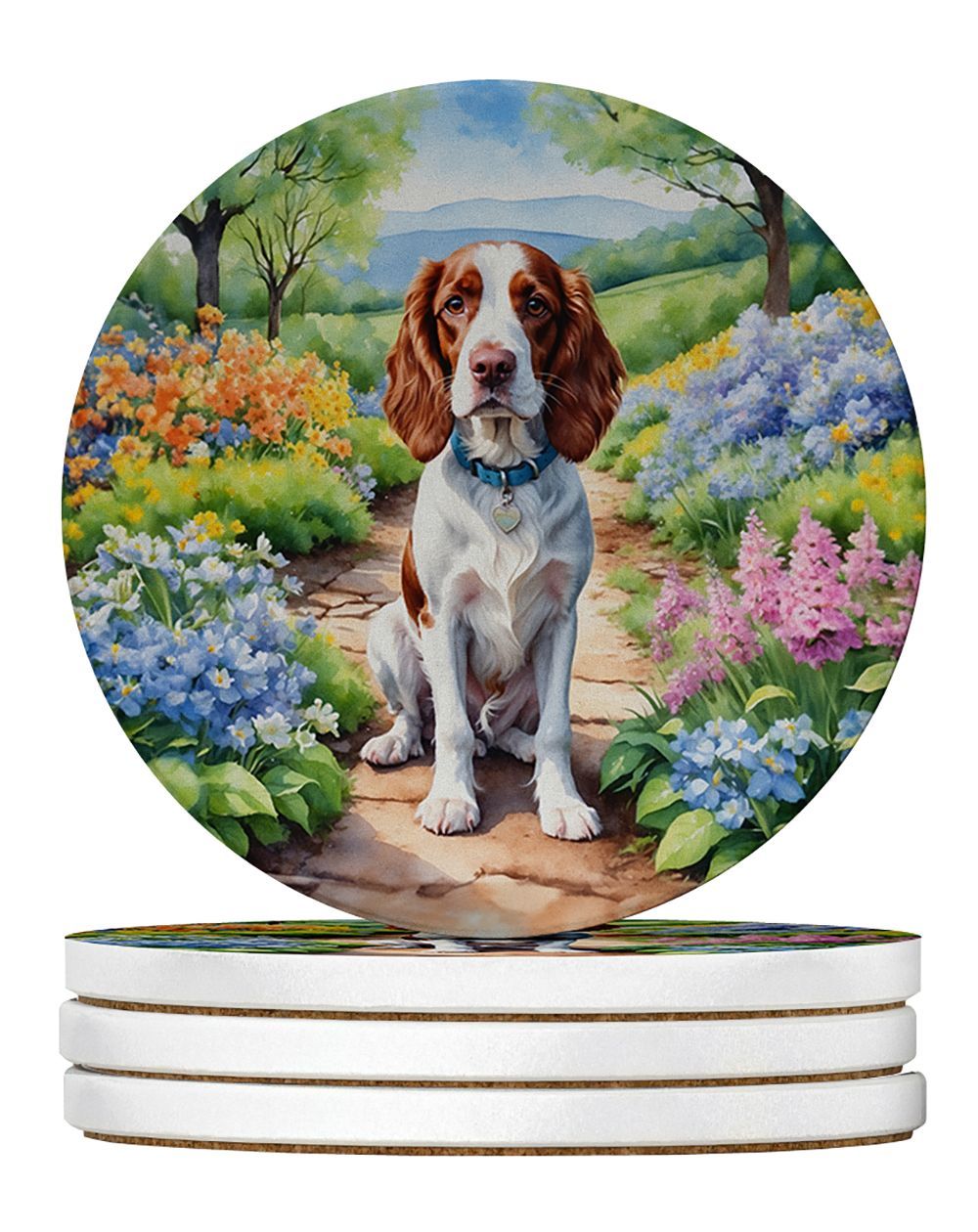 Welsh Springer Spaniel Spring Path Large Sandstone Coasters Pack Of 4 Absorbent Round Coasters Decor Gifts For Men Or Women, 4 In, Multicolor_maomaolike.com